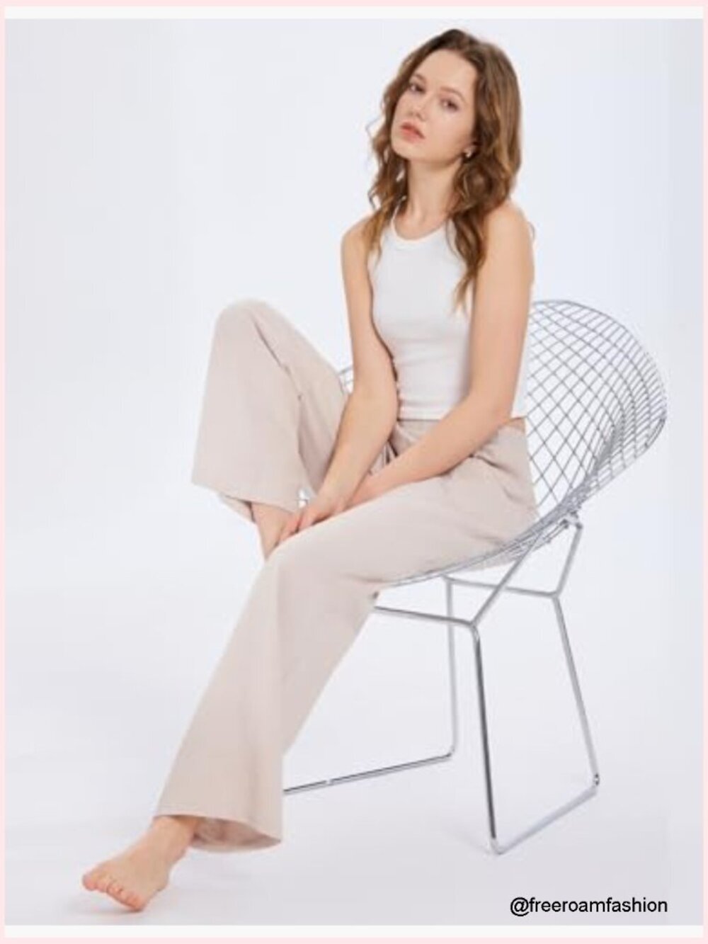 Wide Leg Linen Palazzo Pants Elastic Waist Travel Trousers with Pockets - Picture 6 of 6